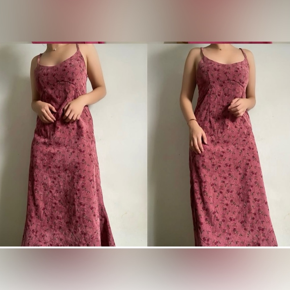 Floral Corduroy Midi Dress Adjustable Straps Coquette Party Event